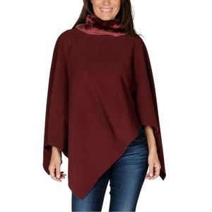 Le Moda Burgundy Fleece Poncho Cape Wrap Faux Fur‎ Collar One Size NWT